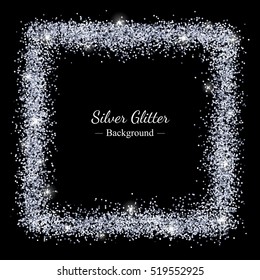 Silver sparkles shiny frame on black background. Vector