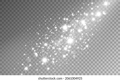 Silver sparkles. White stardust effect. Christmas light with glitter and silver stars. Magic glowing particles for greeting card, poster or brochure. Vector illustration.