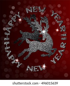 Silver sparkling deer silhouettes and Happy New Year lettering. New Year 2017. Vector illustration