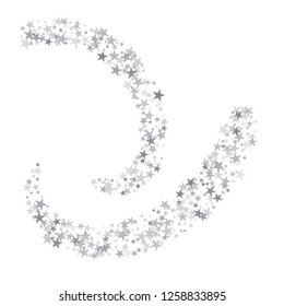 Silver sparkling falling star. Vector stardust trail. swirl stars, light sparkles background, christmas lights confetti. magic shining Flying glitter cosmic backdrop on night sky