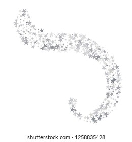 Silver sparkling falling star. Vector stardust trail. swirl stars, light sparkles background, christmas lights confetti. magic shining Flying glitter cosmic backdrop on night sky