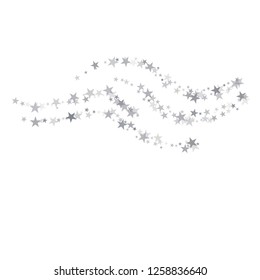 Silver sparkling falling star. Vector stardust trail. swirl stars, light sparkles background, christmas lights confetti. magic shining Flying glitter cosmic backdrop on night sky