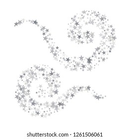 Silver sparkling falling star. Vector stardust trail. swirl stars, light sparkles background, christmas lights confetti. magic shining Flying glitter cosmic backdrop on night sky