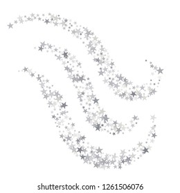 Silver sparkling falling star. Vector stardust trail. swirl stars, light sparkles background, christmas lights confetti. magic shining Flying glitter cosmic backdrop on night sky