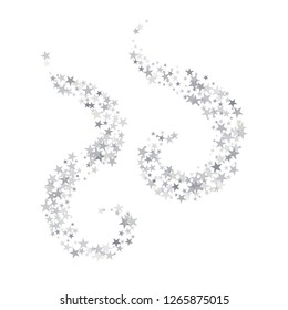 Silver sparkling falling star. Vector stardust trail. swirl stars, light sparkles background, christmas lights confetti. magic shining Flying glitter cosmic backdrop on night sky