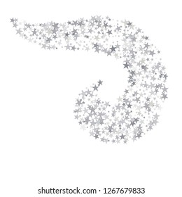 Silver sparkling falling star. Vector stardust trail. swirl stars, light sparkles background, christmas lights confetti. magic shining Flying glitter cosmic backdrop on night sky