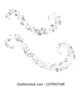 Silver sparkling falling star. Vector stardust trail. swirl stars, light sparkles background, christmas lights confetti. magic shining Flying glitter cosmic backdrop on night sky