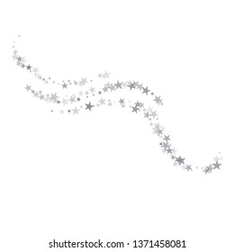 Silver sparkling falling star. Vector stardust trail. swirl stars, light sparkles background, christmas lights confetti. magic shining Flying glitter cosmic backdrop on night sky