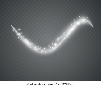 Silver sparkling magic particles isolated on a transparent background. Sparkling light tracks. Futuristic Flash. Glowing shiny spiral lines effect. Effects of light, waves.