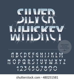 Silver sparkling reflective vector set of letters, symbols and numbers