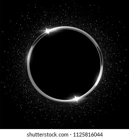 Silver sparkling ring with glitter isolated on black background. Vector luxury silver frame.