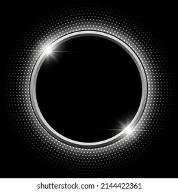 Silver sparkling ring and glitter black background  Vector shiny button and halftone  dots pattern around  vector illustration 