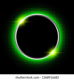 Silver sparkling ring with green neon glitter on black background, vector illustraion.