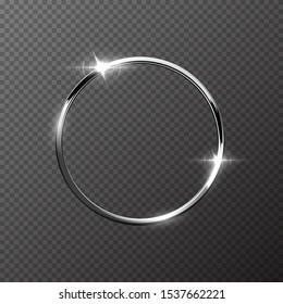 Silver sparkling ring isolated on transparent background. Vector metal frame