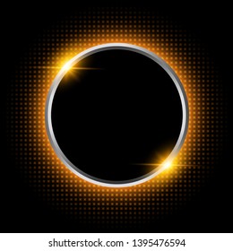 Silver sparkling ring with orange neon glitter on black background, vector illustraion.