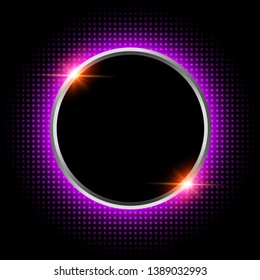 Anillo brillante plateado con brillo de neón morado sobre fondo negro, ilustración vectorial.