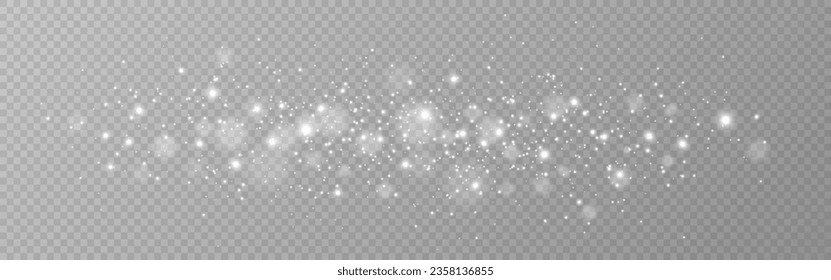 Silver sparks. White dust with soft light. Magic stardust wave. Glowing particles. Silver shine with bokeh effect. Starry beautiful design. Christmas glow. Vector illustration.