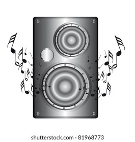 silver speaker with music notes isolated over white background. vector