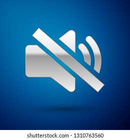 Silver Speaker mute icon isolated on blue background. No sound icon. Volume Off symbol. Vector Illustration