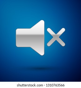 Silver Speaker mute icon isolated on blue background. No sound icon. Volume Off symbol. Vector Illustration