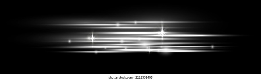 Silver special effect, speed line. Beautiful glow light flare and spark. Particle motion effect. Magic of moving fast lines. Laser beams, horizontal white light rays. Vector illustration.