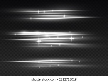 Silver special effect, speed line. Beautiful glow light flare and spark. Particle motion effect. Magic of moving fast lines. Laser beams, horizontal white light rays. Vector illustration.