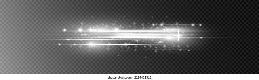 Silver special effect, speed line. Beautiful glow light flare and spark. Particle motion effect. Magic of moving fast lines. Laser beams, horizontal white light rays. Vector illustration.