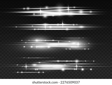 Efecto especial plateado, línea de velocidad. Efecto de movimiento de partículas. Hermoso resplandor claro y chispa. Magia de mover líneas rápidas. Vigas láser, rayos horizontales de luz blanca. Ilustración vectorial.