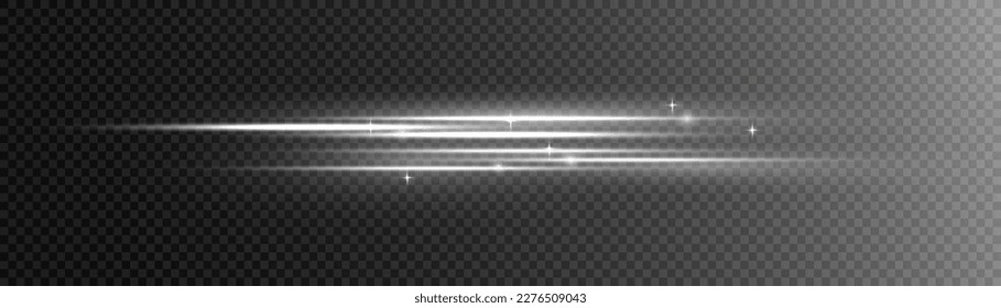 Silver special effect, speed line. Laser beams, horizontal white light rays. Particle motion effect. Beautiful glow light flare and spark. Magic of moving fast lines. Vector illustration.