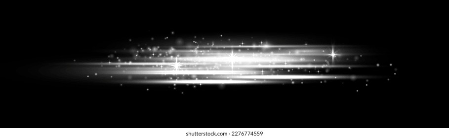 Efecto especial plateado, línea de velocidad. Efecto de movimiento de partículas. Magia de mover líneas rápidas. Vigas láser, rayos horizontales de luz blanca. Hermoso resplandor claro y chispa. Ilustración vectorial.