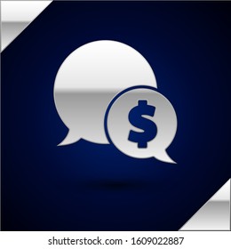 Silver Speech bubble with dollar icon isolated on dark blue background. Badge for price. Sale with dollar symbol. Promo tag discount.  Vector Illustration