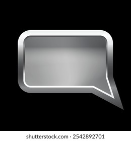 Silver speech bubble frame with shadow on black background. Platinum rectangle square blank space for picture, painting, text, message. 3d tube template vector illustration. Simple object mockup.