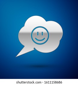 Silver Speech bubble with smile face icon isolated on blue background. Smiling emoticon. Happy  chat symbol.  Vector Illustration