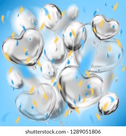 Silver sphere and heart shape balloons and colored foil confetti in air. Vector template for Valentines Day, birthday, night party and any holiday events