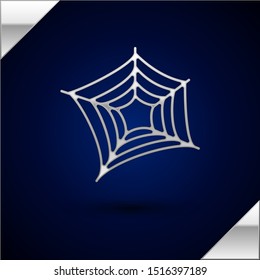 Silver Spider web icon isolated on dark blue background. Cobweb sign. Happy Halloween party.  Vector Illustration