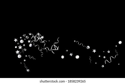 Silver Spiral Carnival Vector Black Background. Party Star Template. Serpentine Fun Plant. Silver Isolated Branch.