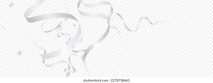 Silver Spiral Celebration Vector Panoramic Transparent Background. Isolated Ribbon Design. Confetti Paper Plant. Grey Christmas Poster.