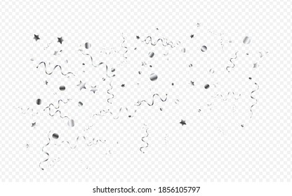 Vector de Navidad Espiral Plata Fondo transparente. Resumen de la Ilustración de Estrella. Afiche festivo de Confetti. Invitación a la celebración de plata.