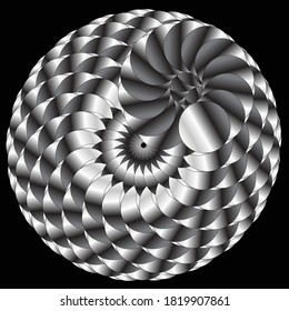 Silver spiral circle on a black background.