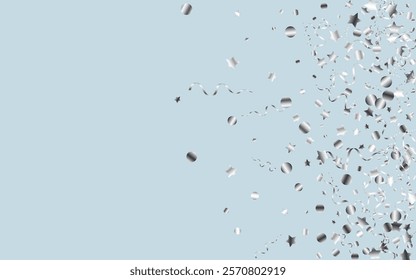 Silver Spiral Flying Vector Blue Background. Celebration Ribbon Design. Confetti Celebrate Illustration. Silver Shiny Invitation.