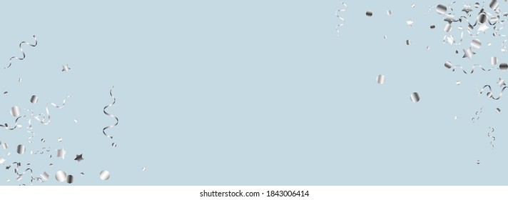 Silver Spiral Happy Vector Panoramic Blue Background. Falling Star Illustration. Confetti Paper Branch. Silver Abstract Design.