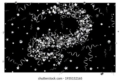 Silver Spiral Isolated Vector Black Background. Abstract Star Plant. Serpentine Celebrate Illustration. Silver Flying Design.
