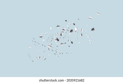 Silver Spiral Isolated Vector Blue Background. Carnival Confetti Invitation. Star Swirl Illustration. Silver Christmas Branch.
