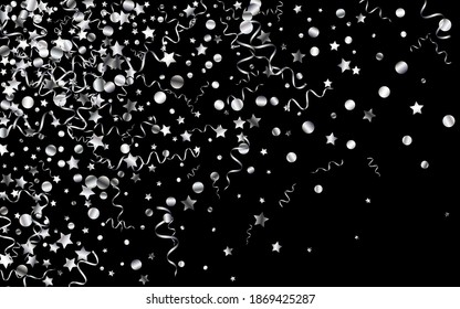 Vector de papel espiral plateado de fondo negro. Invitación Estrella Aislada. Plantilla de diversión de Confetti. Ilustración De Vuelo De Plata.