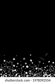 Silver Spiral Shiny Vector Black Background. Decoration Ribbon Template. Star Christmas Illustration. Silver Falling Design.