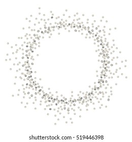 Silver splash or glittering spangles round frame with empty center for text. Silver glittering  circle  made of tiny round dots on white background. Vector illustration.