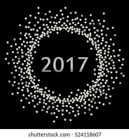 Silver splash or glittering spangles round frame. Happy New Year 2017 - silver disc lights frame. Glittering  circle   made of dots on black background. Vector illustration.