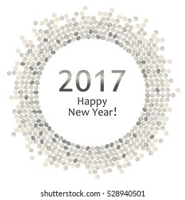 Silver splash or glittering spangles round frame. Happy New Year 2017 - disc lights frame. Glittering  circle made of dots on white background. Vector illustration.