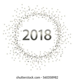 Silver splash or glittering spangles round frame. Happy New Year 2018 - silver disc lights frame. Glittering  circle  made of dots on white background. Vector illustration.