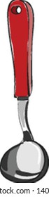 A silver spoon with a red handle, vector, color drawing or illustration. 